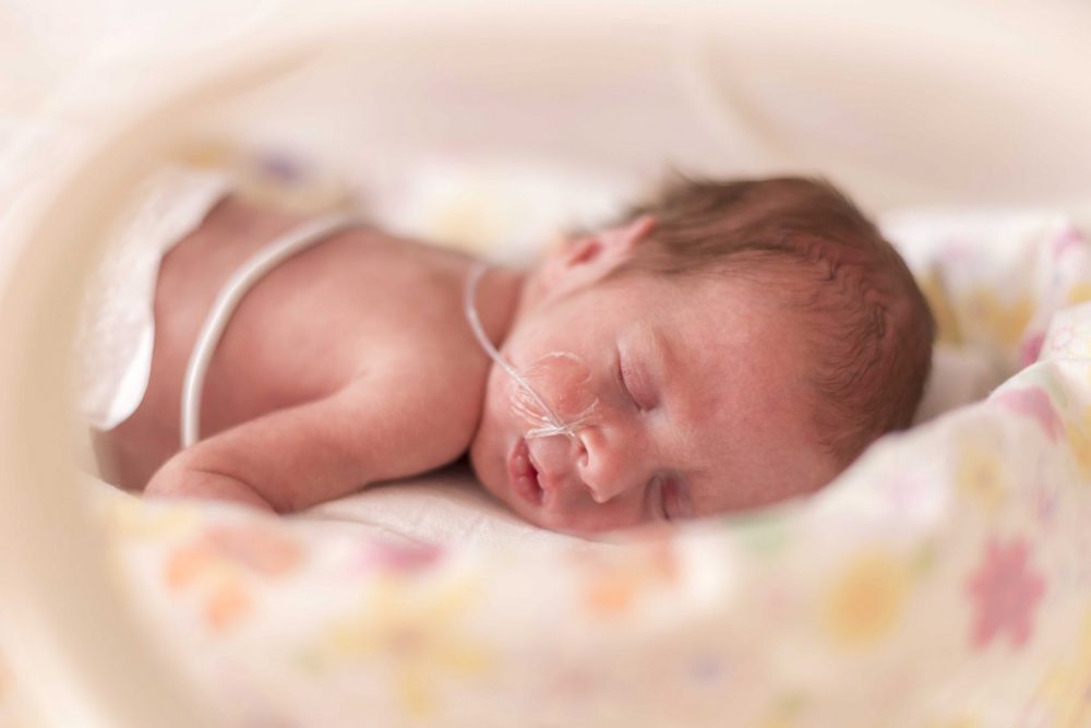 Premature baby girl in incubator